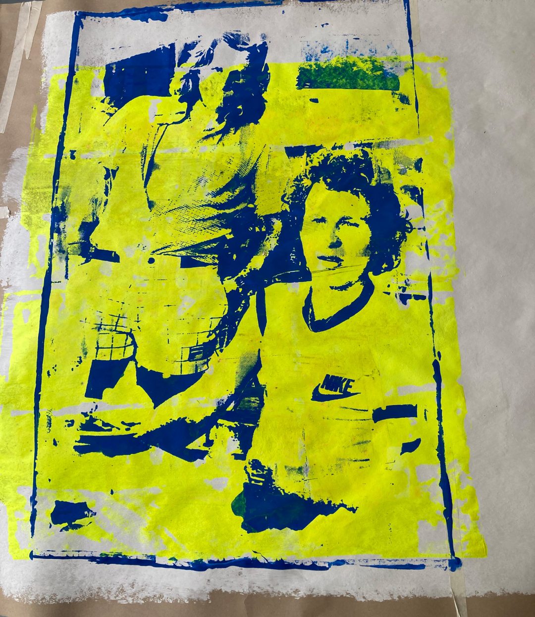 Hand printed on 300 g/m2 – rough recycling paper 100 x 136 cm,blue & yellow fluorescent paint