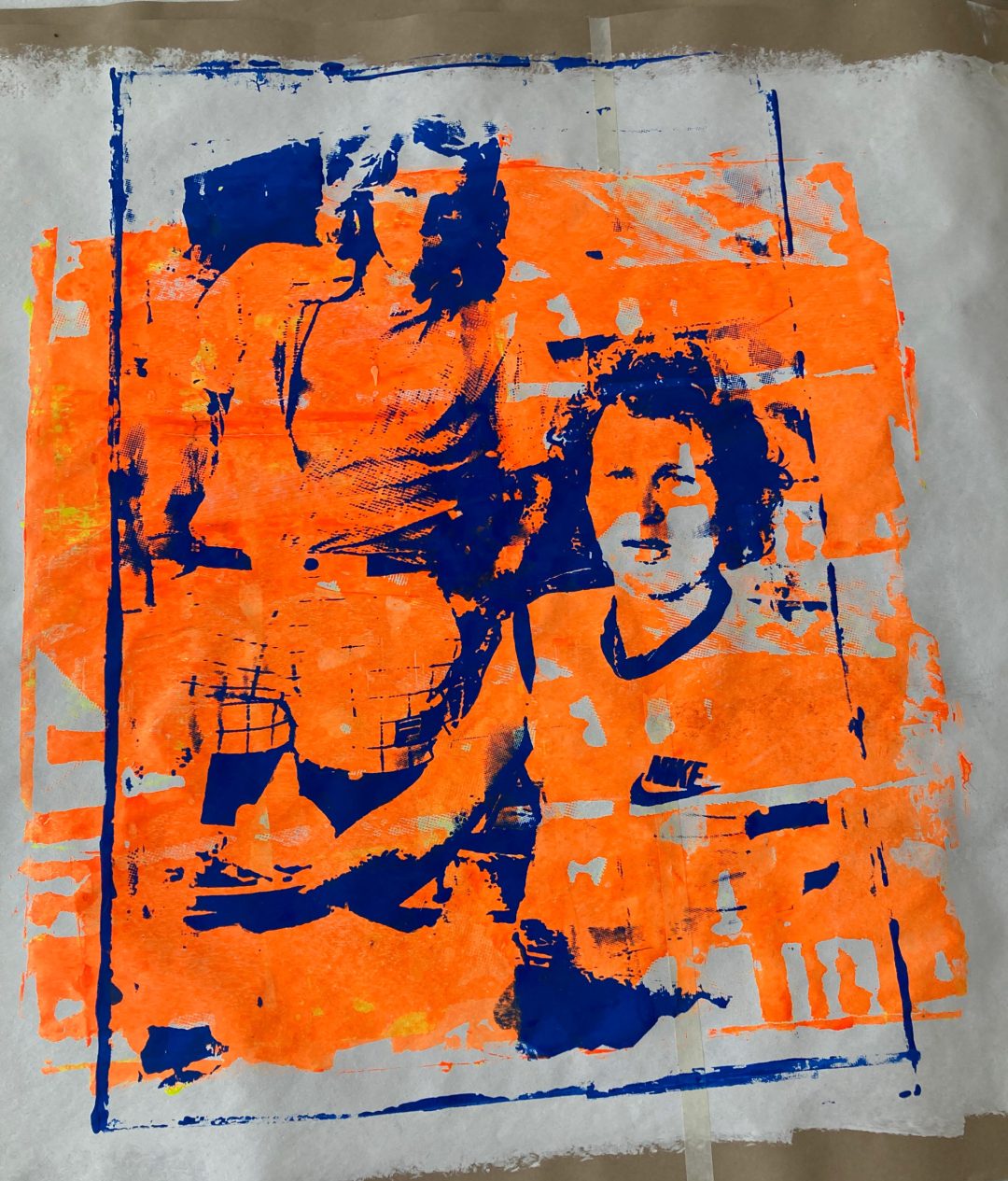 Hand printed on 300 g/m2 – rough recycling paper 100 x 136 cm,bluek & orange fluorescent paint
