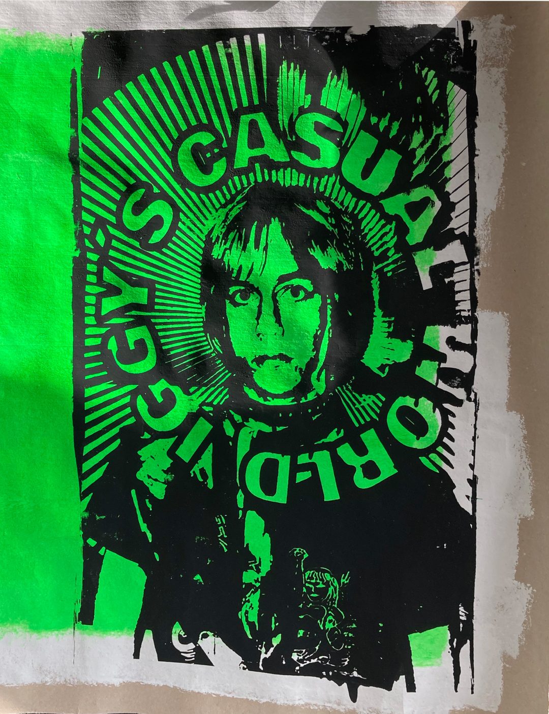 Hand printed on 300 g/m2 – rough recycling paper size 76,0 x 97 cm, black & green fluorescent paint