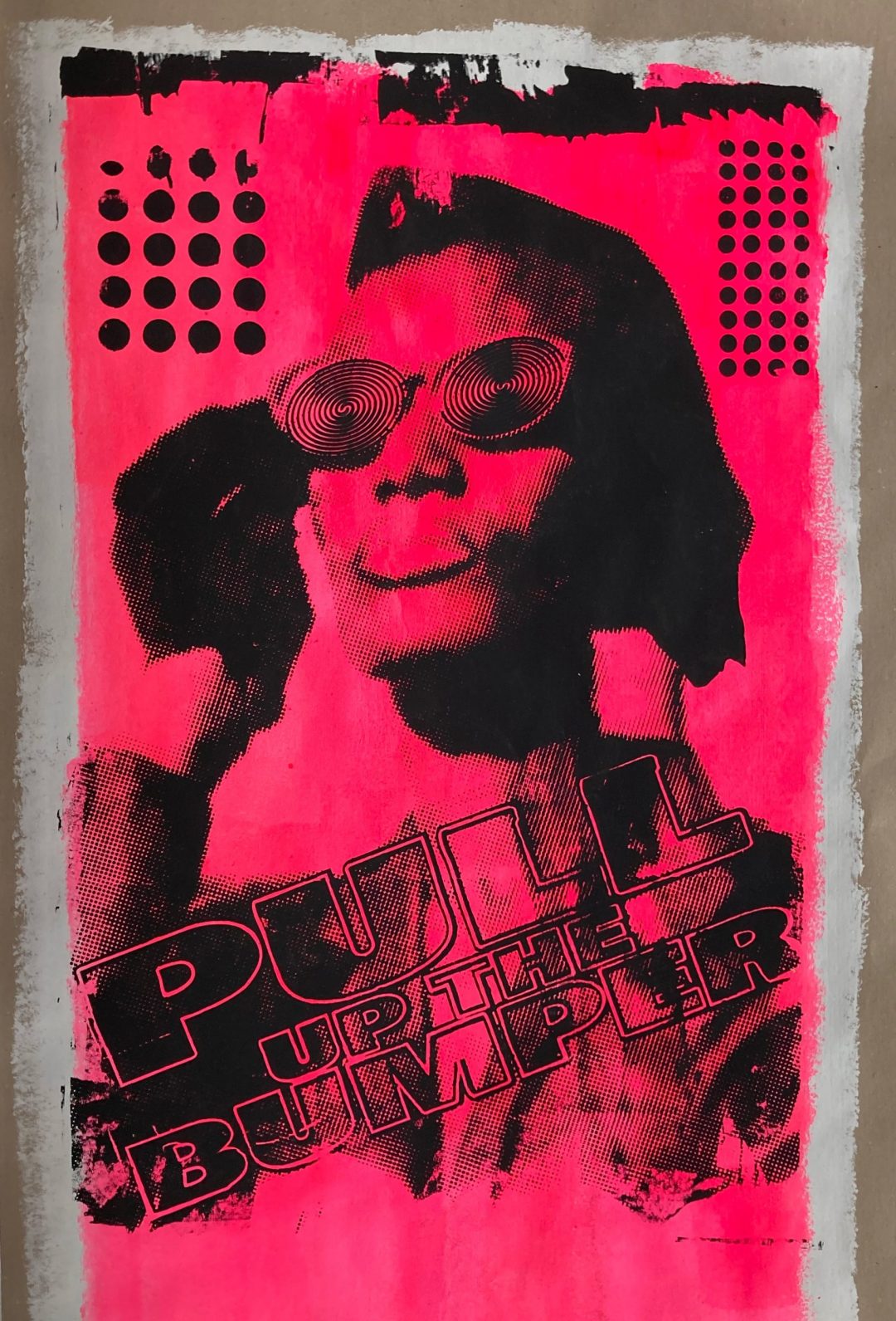 Hand printed on 200 g/m2 – rough recycling paper size 100 x 150 cm, black & pink fluorescent paint