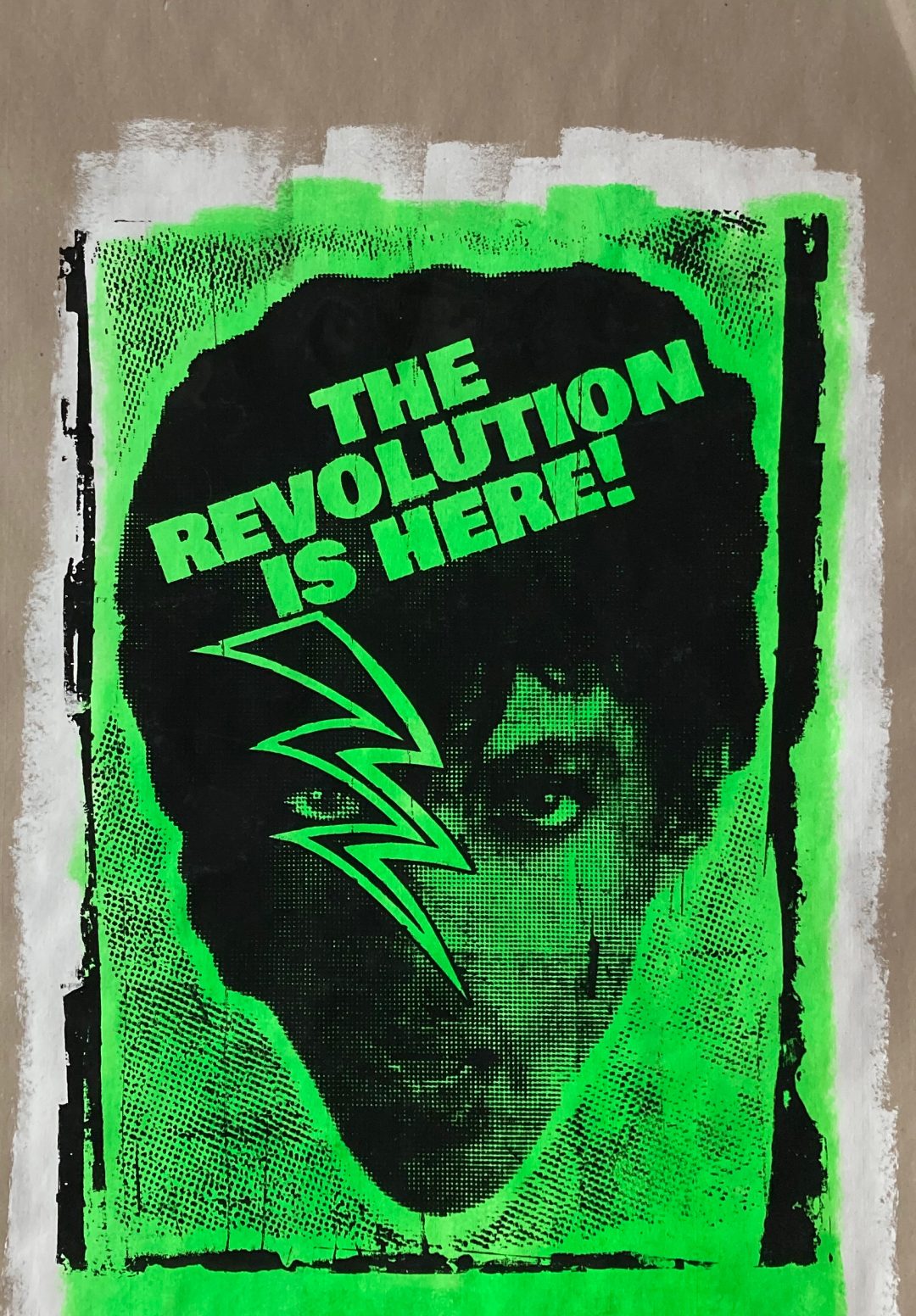 Hand printed on 300 g/m2 – rough recycling paper size 100 x 142 cm, black & green fluorescent paint