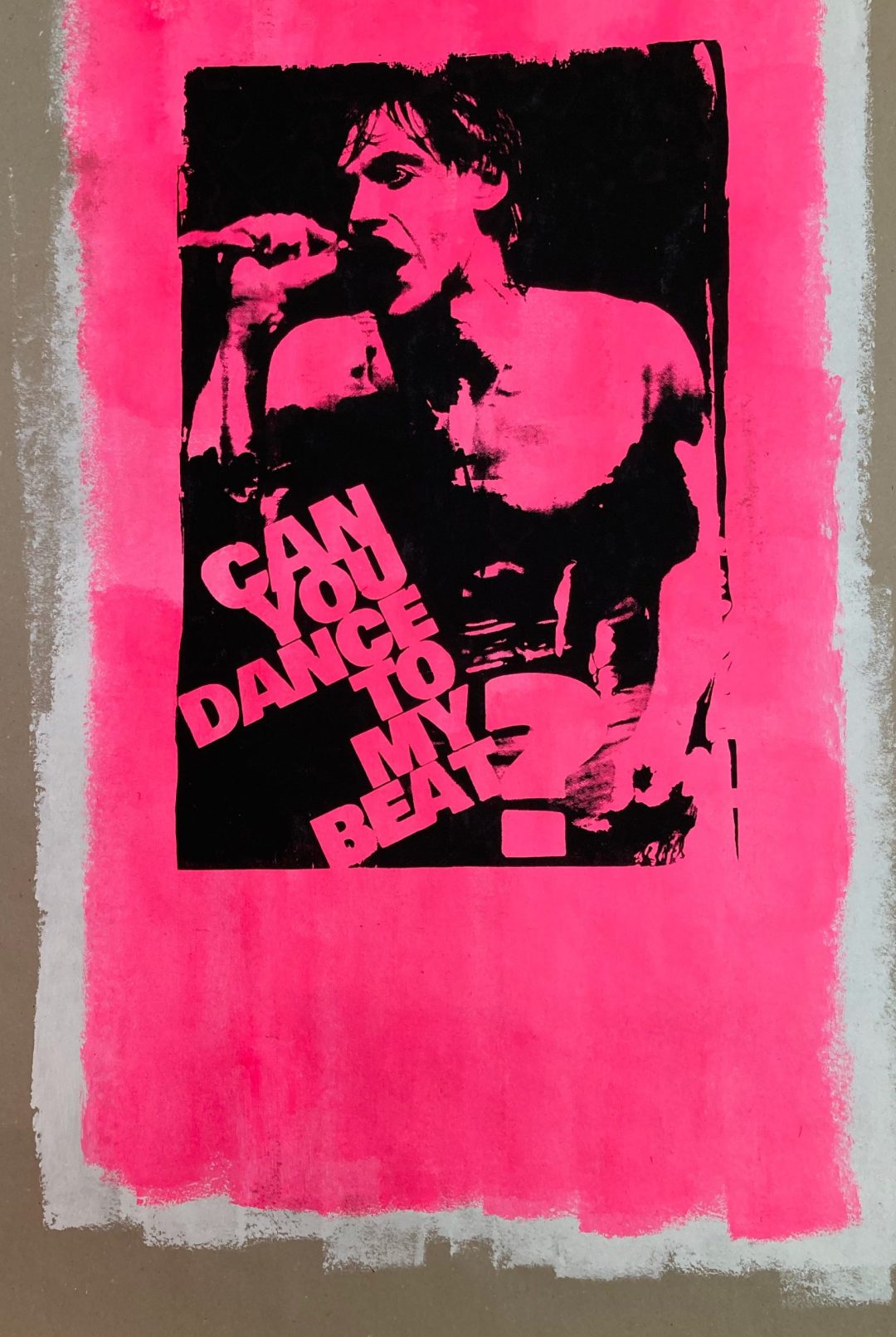Hand printed on 300 g/m2 – rough recycling paper 100 x 136 cm, black & pink fluorescent paint
