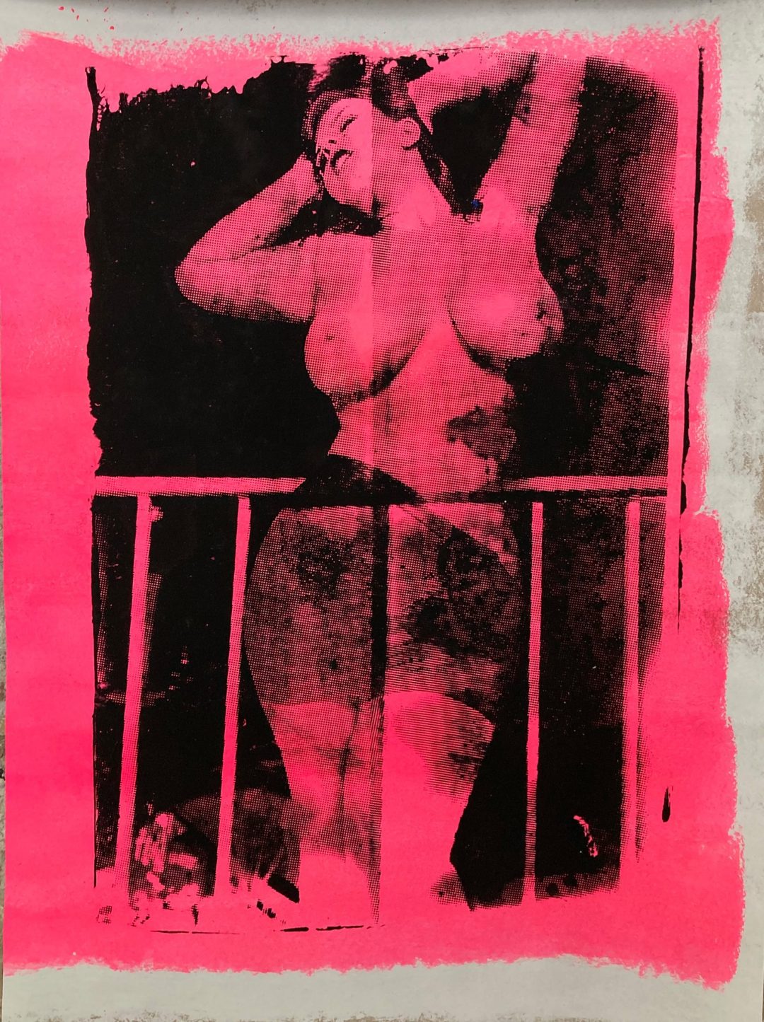 Hand printed on 300 g/m2 – rough recycling paper 68 x 100 cm, black & pink fluorescent paint