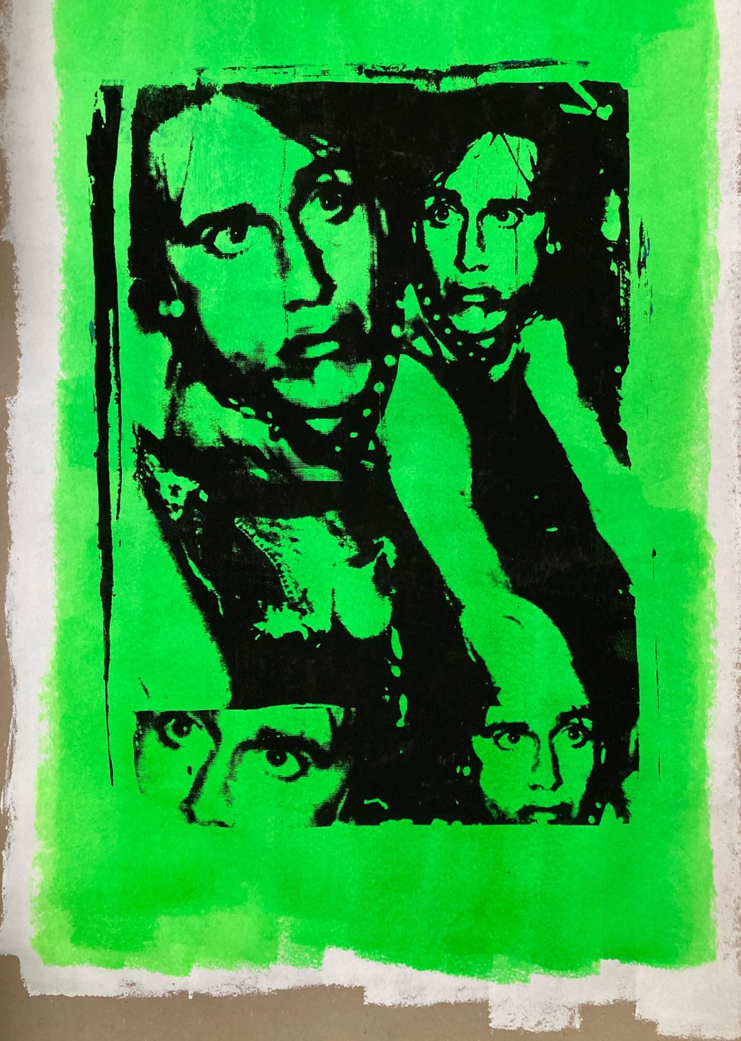 Hand printed on 300 g/m2 – rough recycling paper size 100 x 136 cm, black & green fluorescent paint