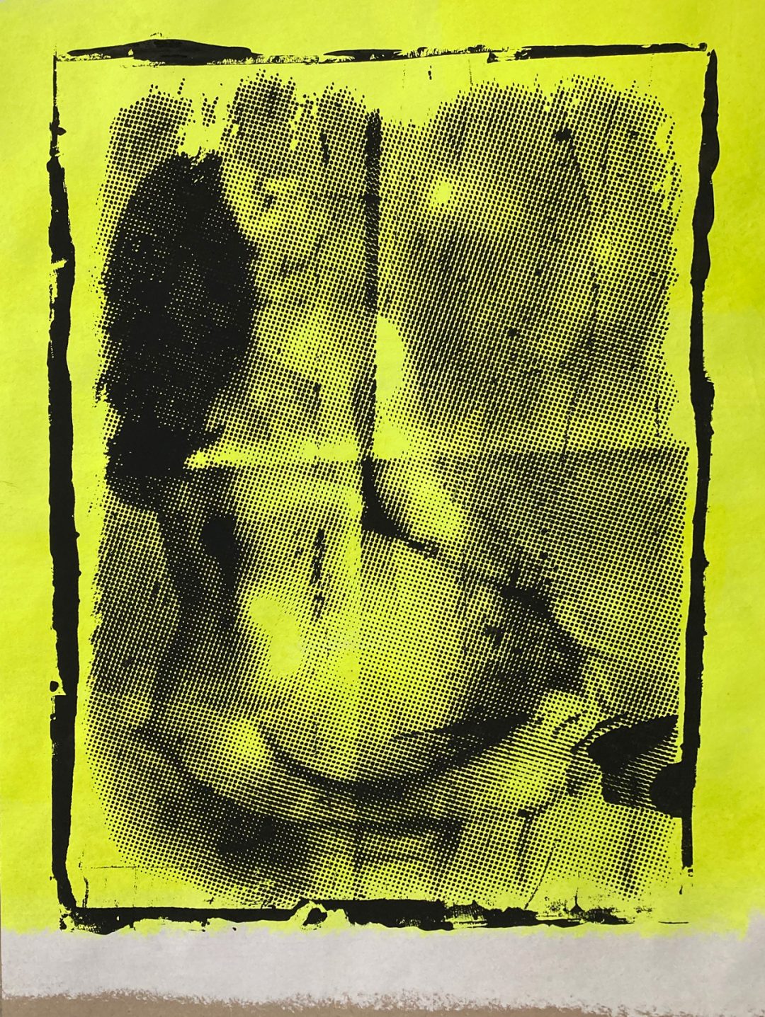 Hand printed on 300 g/m2 – rough recycling paper size 68 x 100 cm, black & yellow fluorescent paint